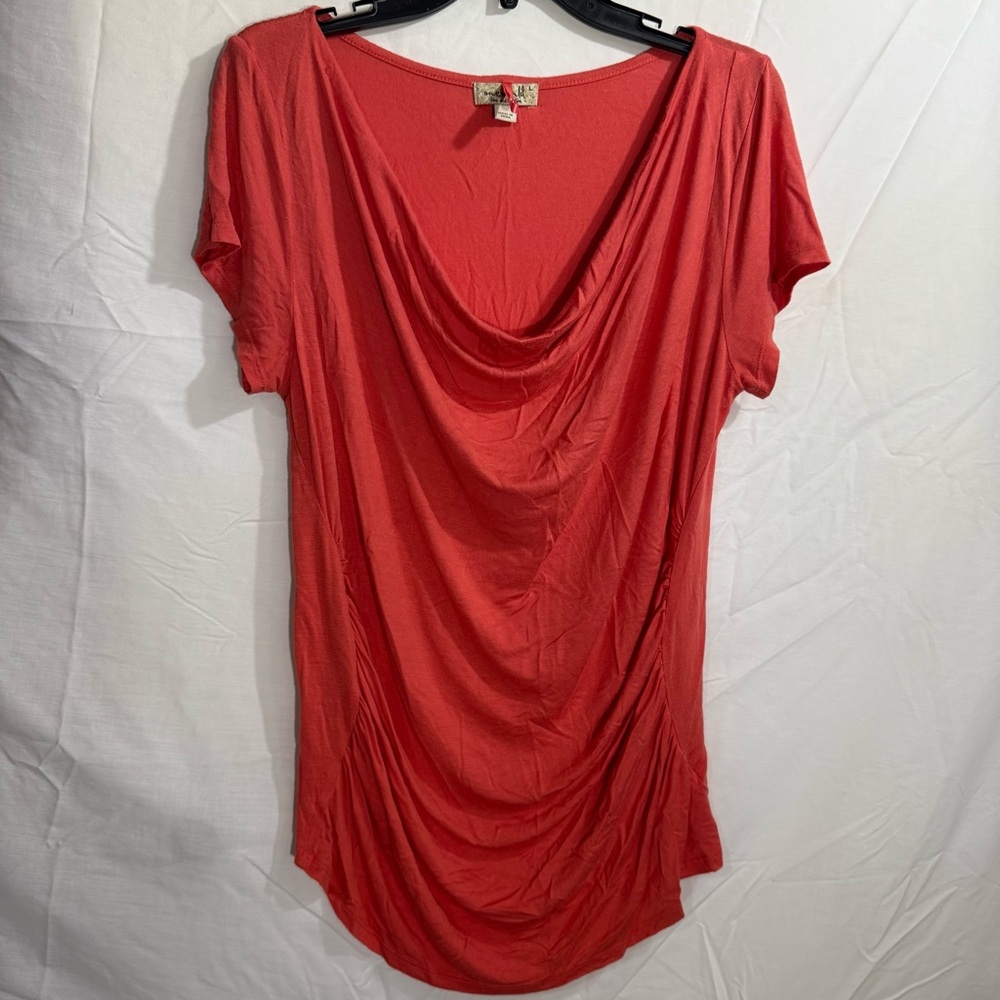 ONE WORLD Coral Drape Neck Short Sleeve Top, Ruched, Size Large
